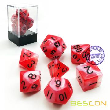 Gemini Two Tone Swirled Red RPG Dice Set of 7 in Brick Box Package, Complete Polyhedral Dice Set of d4 d6 d8 d10 d12 d20 d%