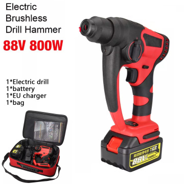 800W 88V Rotary Hammer Drill Rechargeable Electric Hammer Impact Drill Power Tools Brushless Cordless With 10000mAh Battery