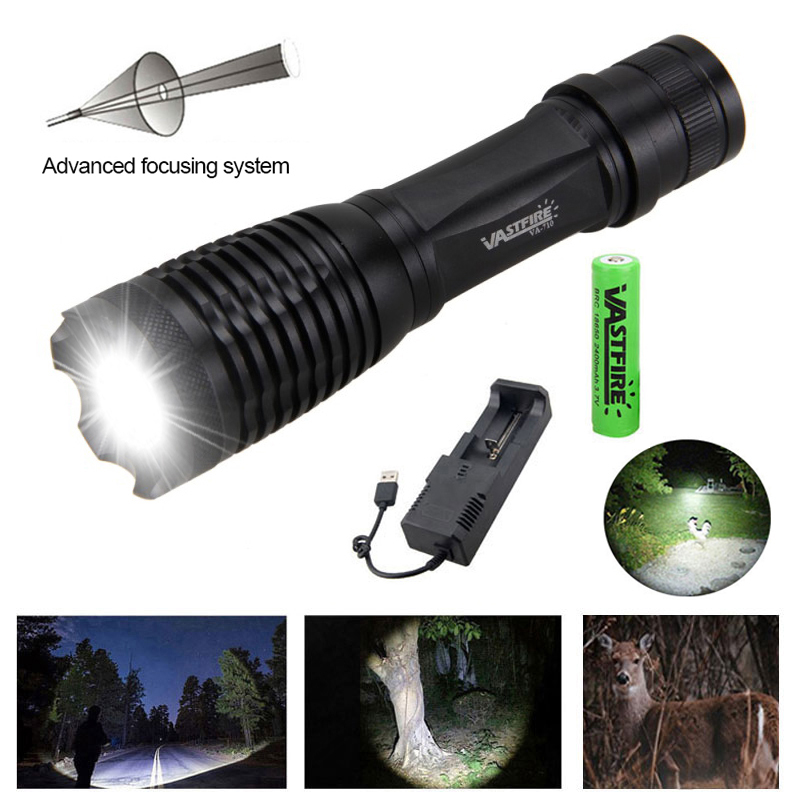 XML-Q5 LED Tactical Hunting Flashlight Zoomable 350 Yards White Pistol Weapon Gun Light+Rifle Scope Mount+18650+Charger+Switch