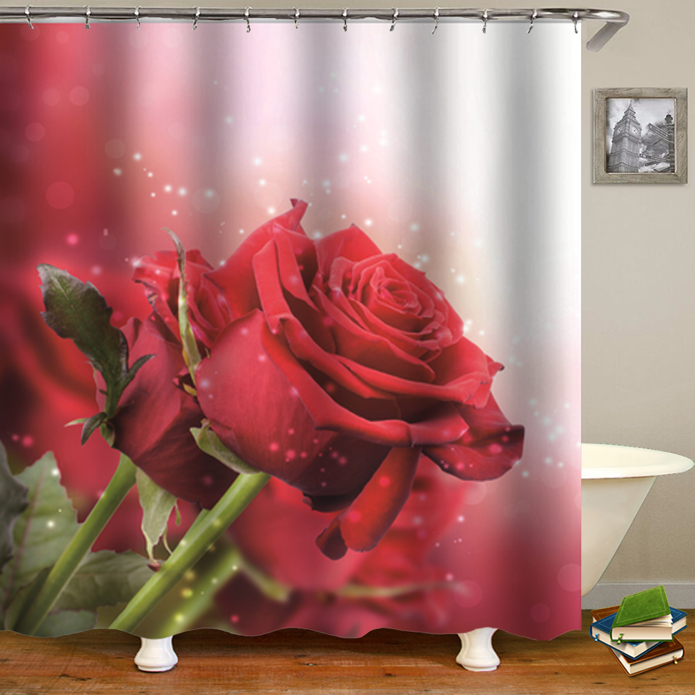 3D Colorful Rose Waterproof Fabric Shower Curtain Bathroom Curtains Pink Flowers Printed Bath Screen Valentine's Day Decoration