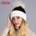 Geebro Winter Women's Beanie Hat Casual Knitted Patchwork Skullies Beanies With Real Fur Pom Pom Womens Raccoon Fur Pompon Hats