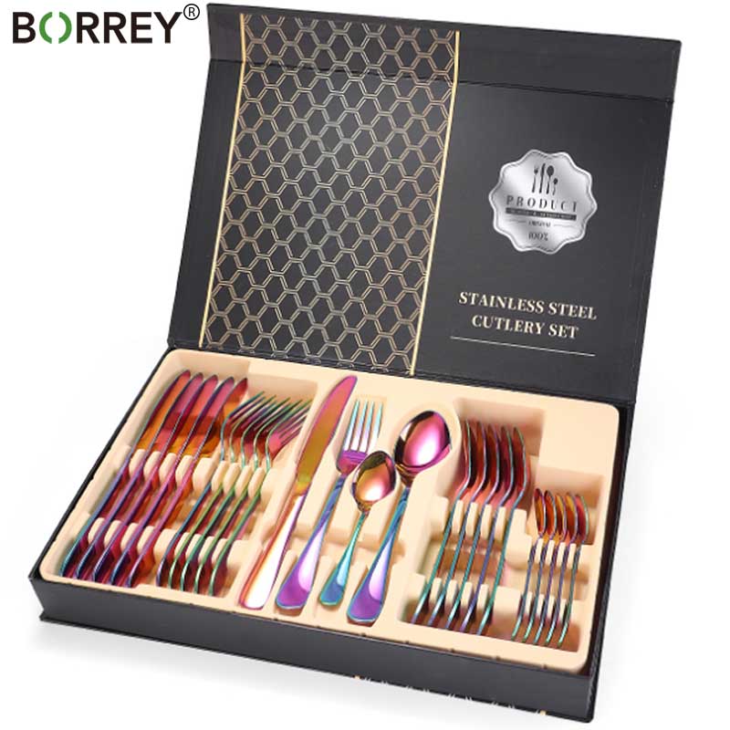 BORREY 24Pcs Stainless Steel Flatware Set Rose Gold Flatware Gold Cutlery Dinner Set Tableware Western Dinner Set Dinnerware