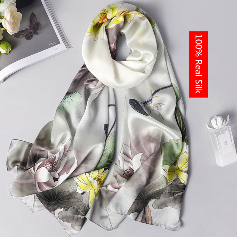 100% real silk scarf women 2020 new fashion shawl and wrap high quality soft long neck scarf for lady elegant floral print scarf