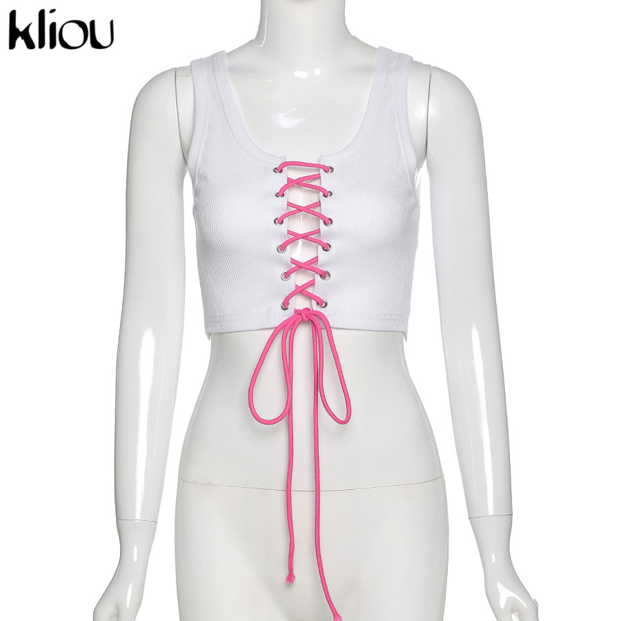 Kliou sexy hollow out women tank top drawstring low-neck sleeveless blackless lace up fashion camisole streetwear female outfits