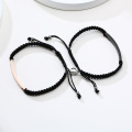 2 Pieces Set Couples ID Tag Braided Bracelets for Women Men Custom Personalized Bar with Crystal Stone Adjsutable Chain