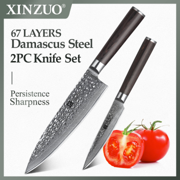 XINZUO 2 PCS Kitchen Knives Set Damascus Kitchen Sharp Cutlery Set Japanese VG10 Core Utility Chef knives with Pakka Wood Handle