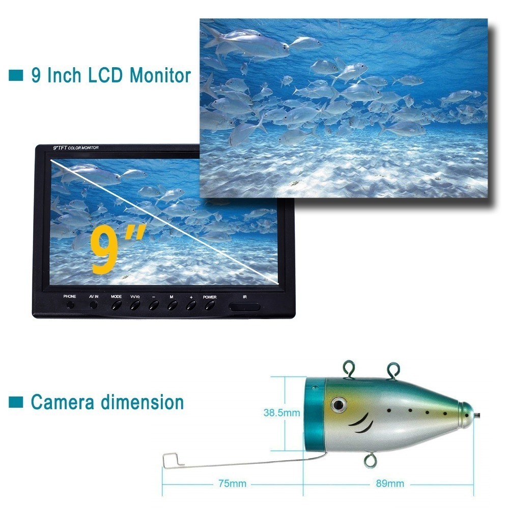 SYANSPAN 9" Fish Finder IP68 HD 1000TVL Recording Edition Underwater Fishing Video Camera with 12 PCS White/IR Infrared LEDs