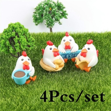 4pcs/Set Mini Animals Resin Craft Cock Chicken Bonsai Figurine Fairy Garden Miniatures Ornaments Garden Decoration