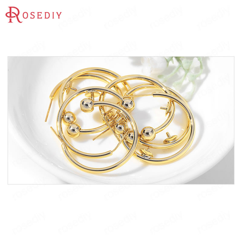 (35931)6PCS 30x29MM 24K Gold Color Brass with Half Pin Round Earrings Loop Stud Earrings High Quality Diy Jewelry Accessories