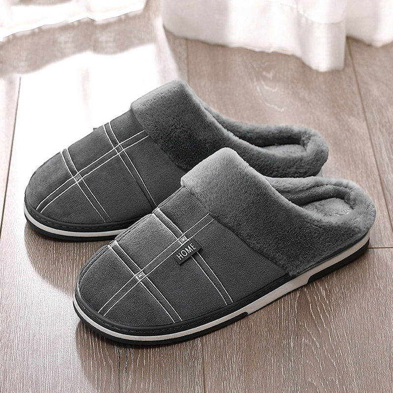 Large size 46-51 Winter House slippers Men Striped comfortable Indoor slippers Short plush Warm Non slip men slippers Gray/Brown