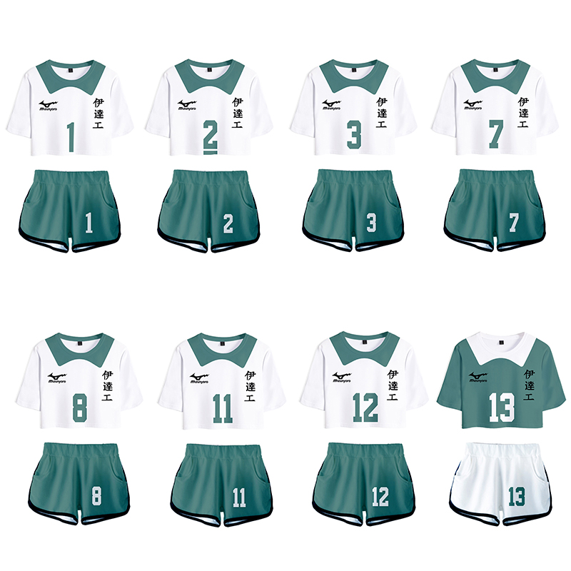 28 Styles Haikyuu Cosplay Cheerleaders Uniforms Ladies Exposed Navel Sports Short Sleeve Shorts