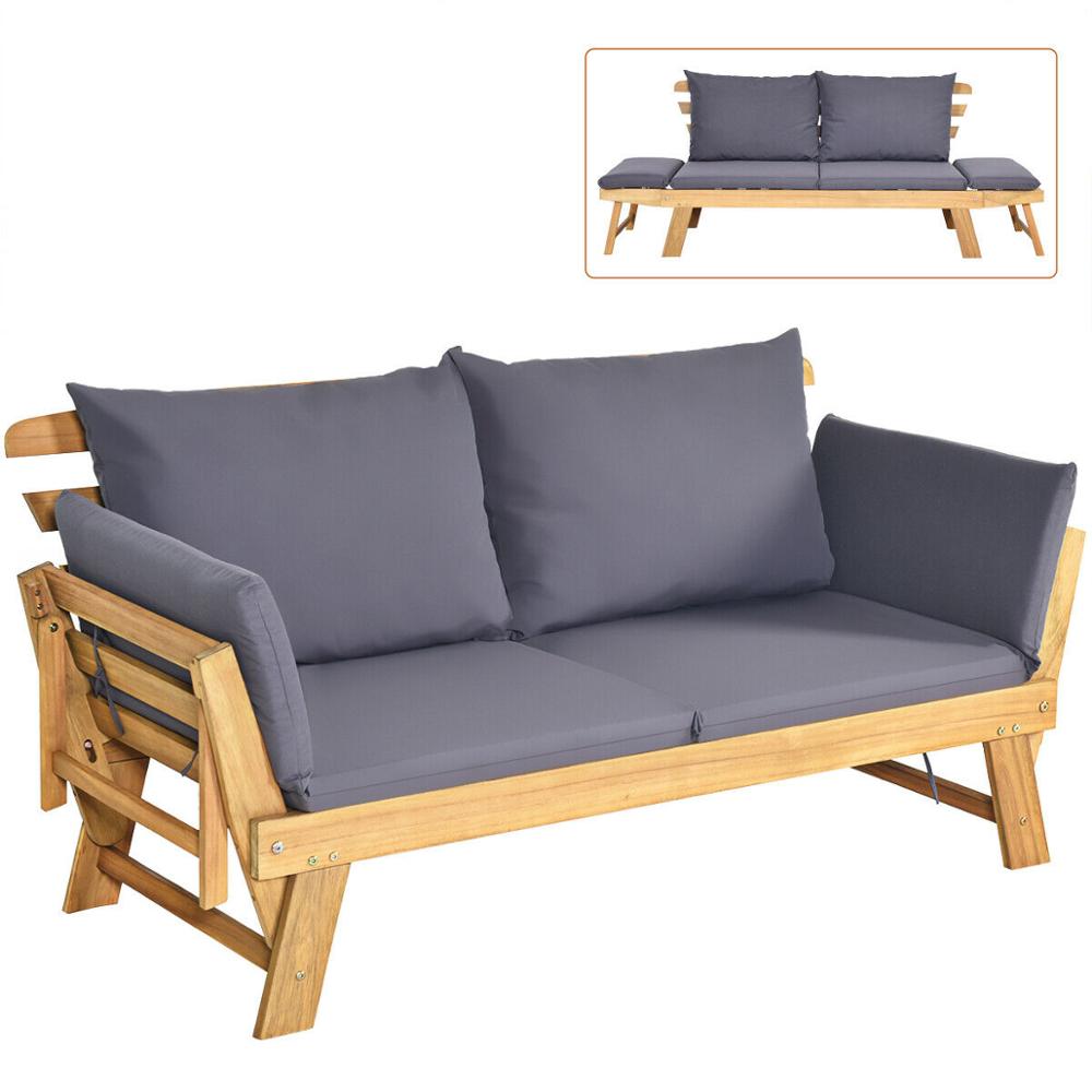 Patio Convertible Sofa Daybed Solid Wood Adjustable Furniture W/Thick Cushion OP70607GR+