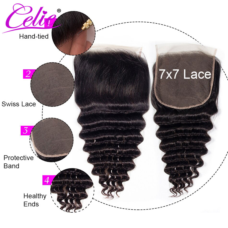 Celie Hair 7x7 Lace Closure Loose Deep Wave Remy Brazillian Human Hair Closure 10-20 Inch Pre Plucked Swiss Lace Closure