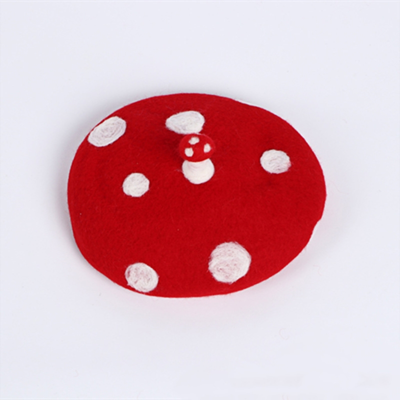 Women Kids Novelty Cute Small Mushroom Red Beret Cap Handmade Faux Felt Wool White Point Vintage Painter Beanie Hat