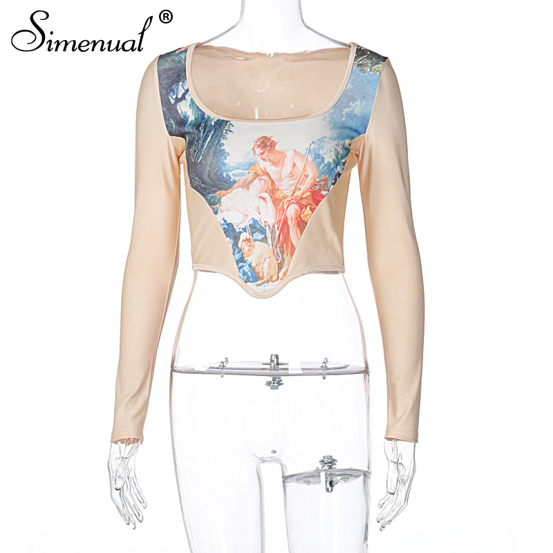 Simenual Vintage Print Patchwork Fashion Women Corset Top Long Sleeve Autumn 2020 Aesthetic T Shirt Skinny Sexy Party Crop Tops