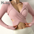 Sexy Deep V Cross Short Style Yoga Shirts Women Long Sleeve Workout Fitness Dance Crop Top Breathable Cotton Sports T Shirts