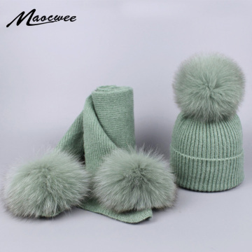 Real Fox Fur Pom Pom Hat Scarf Set Winter Children Female Warm Wool Crochet Beanie Pompons Soft Solid Elasticity Knitted Beanie