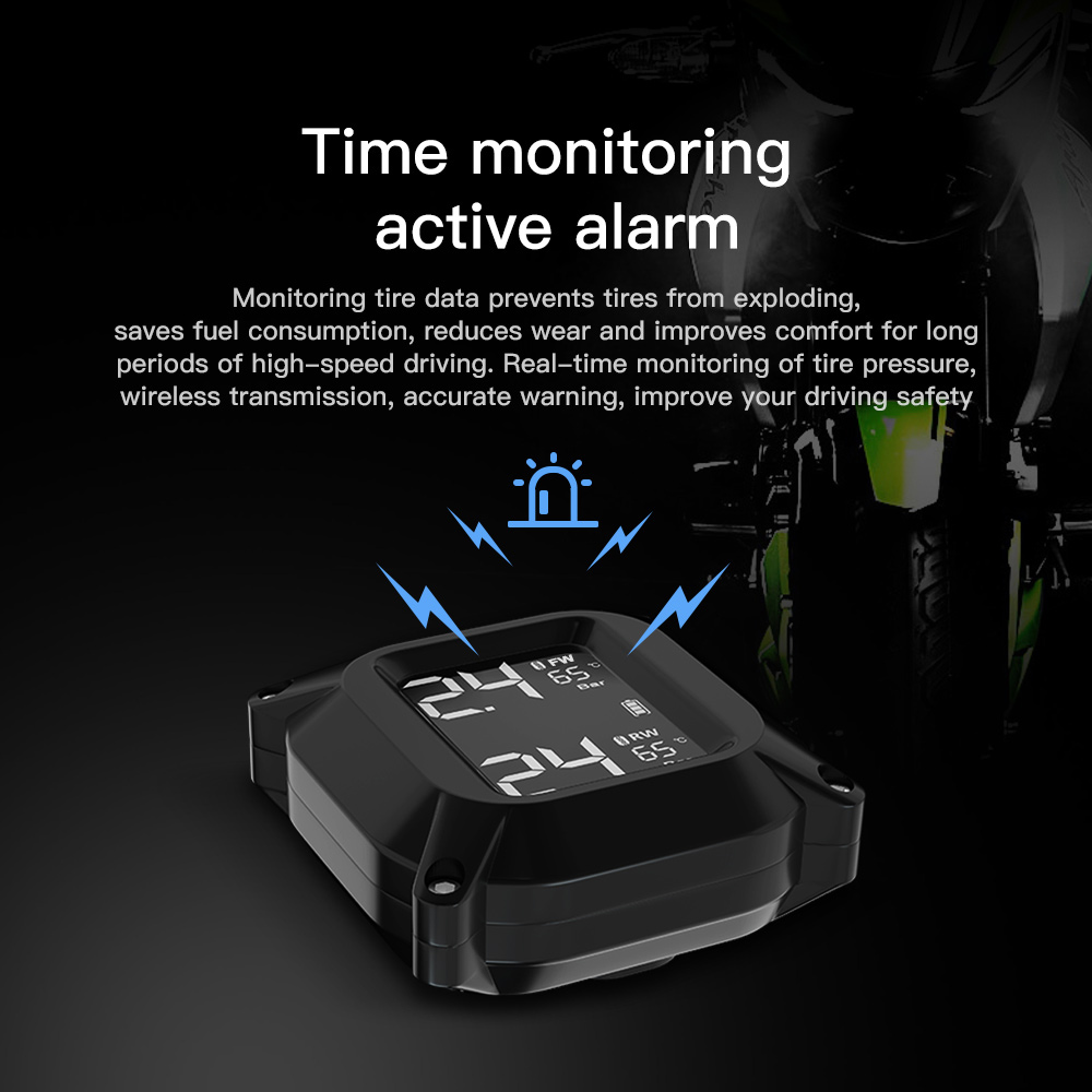 Wireless Motorcycle TPMS Tire Pressure Monitoring System 2pcs External Sensor LCD Time Display Tyre Temperature Monitor Alarm