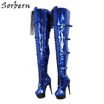 Sorbern Metallic Royal Blue Boots Stripper Pole Wide Calf Thigh High Boots Drag Queen Heels Women Size 12 Shoes Thick Heels