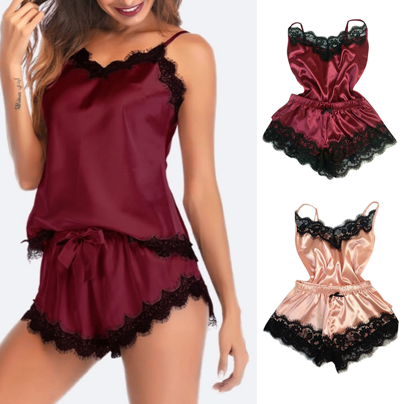 Women's Sleepwear Sexy Satin Set Black Lace V-Neck Pyjamas Sleeveless Cute Cami Top and Shorts Pijama Mujer Algodon Veran