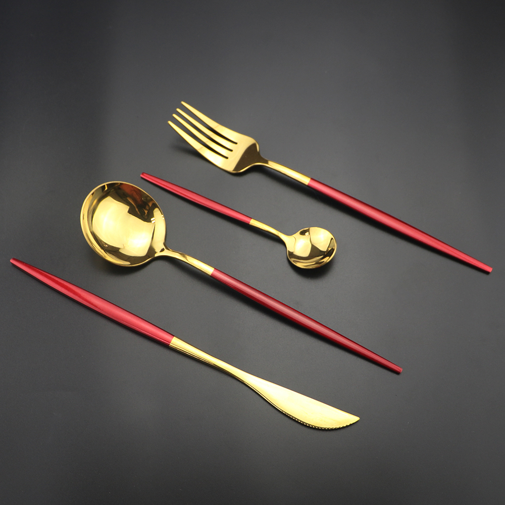 24Pcs Red Gold Cutlery Set 304 Stainless Steel Dinnerware Set Shiny Colorful Flatware Set Gold Tableware Kitchen Silverware