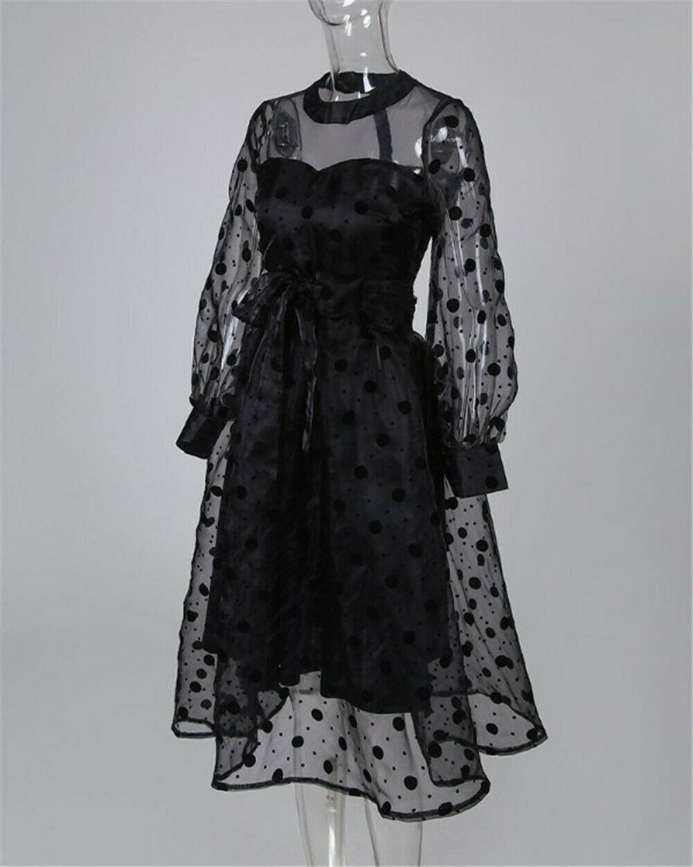 New Elegant Women Long Sleeves Polka Dot Print Mesh Sheer Party Evening Club Dress Lady Autumn Fashion Black Long Dress