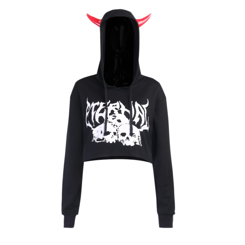 InsGoth Gothic Skull Print Black Cropped Hoodies Streetwear Punk Vintage Hooded Hoodies Women Halloween Long Sleeve Sweatshirt