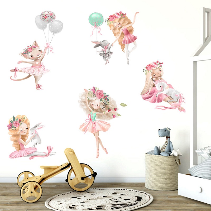 Zollor 1PCS Cartoon Rabbit Balloon Cute Ballet Girl Wall Sticker Bedroom Children's Bedroom Creativity Home Decoration Sticker