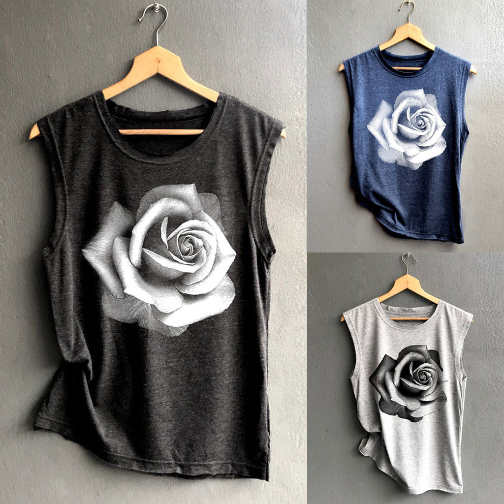 Women Tank Top Summer Sleeveless O-Neck Rose Printed Casual Loose Vest Comfortable Top Debardeur Femme #T20