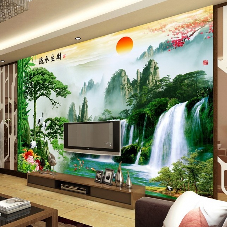 3D mural bedroom living room sofa background wall Fengshui Landscape Painting Wallpaper treasure pot water making money