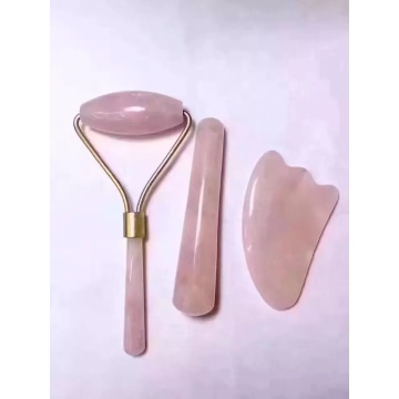 100% 3pcs pure natural pink quartz crystal gem massage stick.Scrapping plate