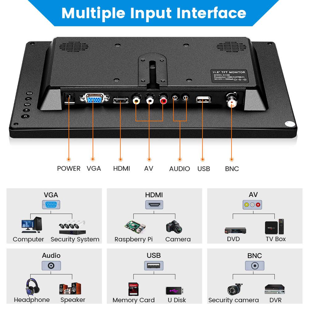 Eyoyo 12" IPS 1366x768 HD Monitor CCTV Display LCD Screen with USB HDMI VGA AV BNC Audio Remote Control for Security Camera