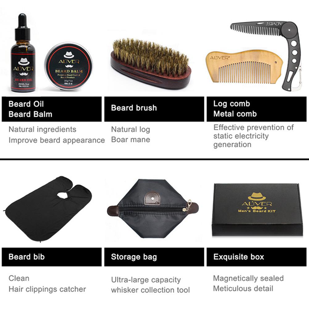 7 Pcs/set Men Beard Care Kit Beard Comb Pig Bristle Brush Beard Growth Cream Beard Oil Styling Cleaning Adult Costumes Beard Kit