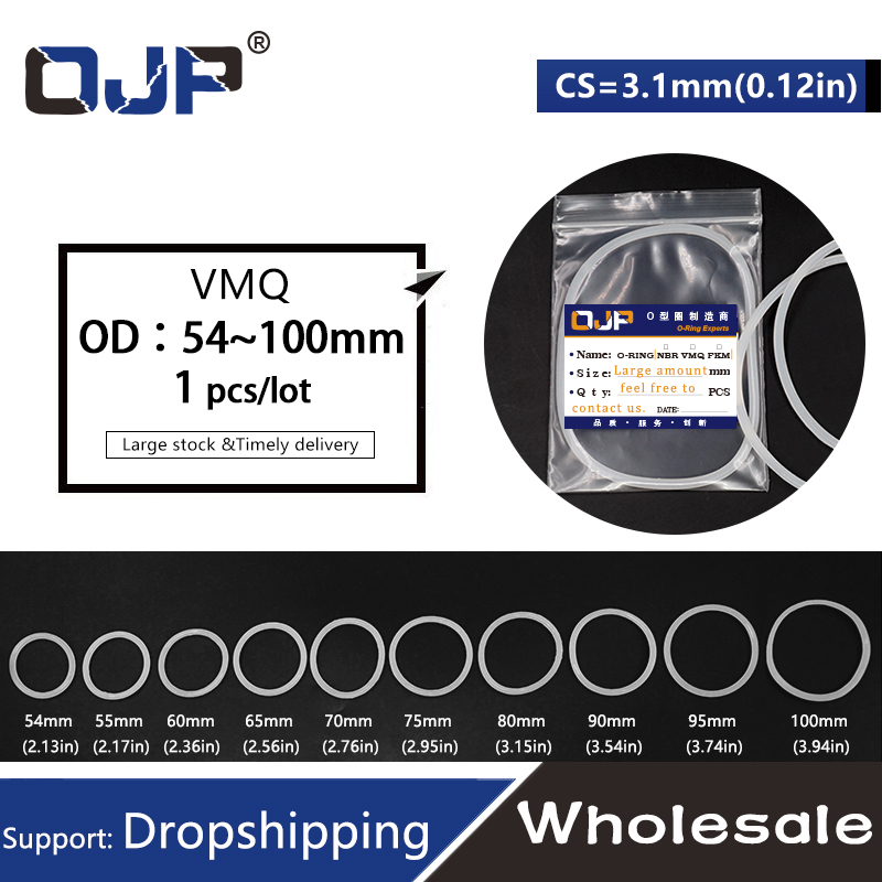 White Silicon Ring Silicone/VMQ Oring 3.1mm Thickness OD54/55/60/65/70/75/80/85/90/95/100mm Rubber O Ring Seal Oil Gasket Washer