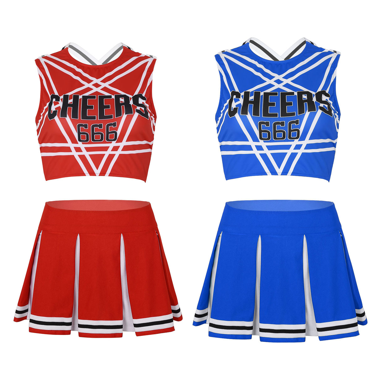 iiniim Women Adult Charming Cheerleader Uniform Cosplay Fancy Clubwear Costumes Pentagram Back Crop Top with Mini Pleated Skirt