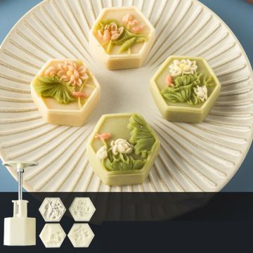 50g Mooncake Barrel Mold with 4/6 Flower Stamps Hand Press Moon Cake Pastry Mould DIY Bakeware Mid-autumn Festival