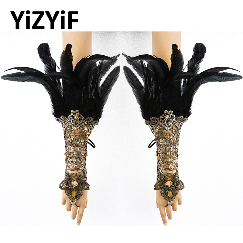 Gothic Fingerless Gloves Womens Feather Lace Faux Pearl Wrist Cuffs Bracelets Party Halloween Costume Accessories Lace Bracelet