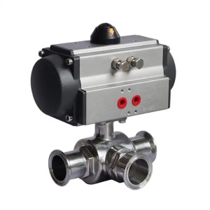 SS304 Clamp 3 Way Pneumatic Actuated Ball Valve