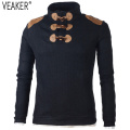 2019 Autumn Men's Sweater Pullover Male Long Sleeve Horn Button Knitted Turtleneck Sweaters slim fit Black Gray Pullovers S-2XL