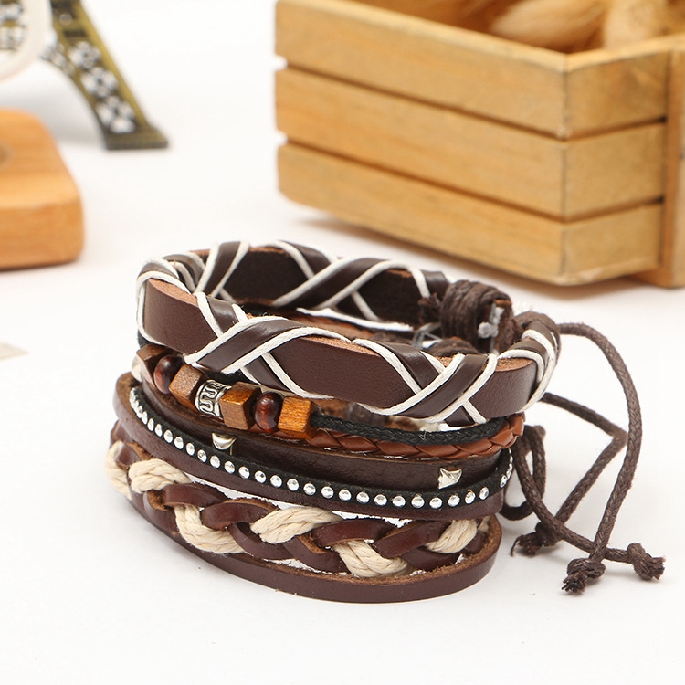link chain Bangles Woven leather bracelet men's and women's cuff wound wooden bead ethnic tribe Adjustable