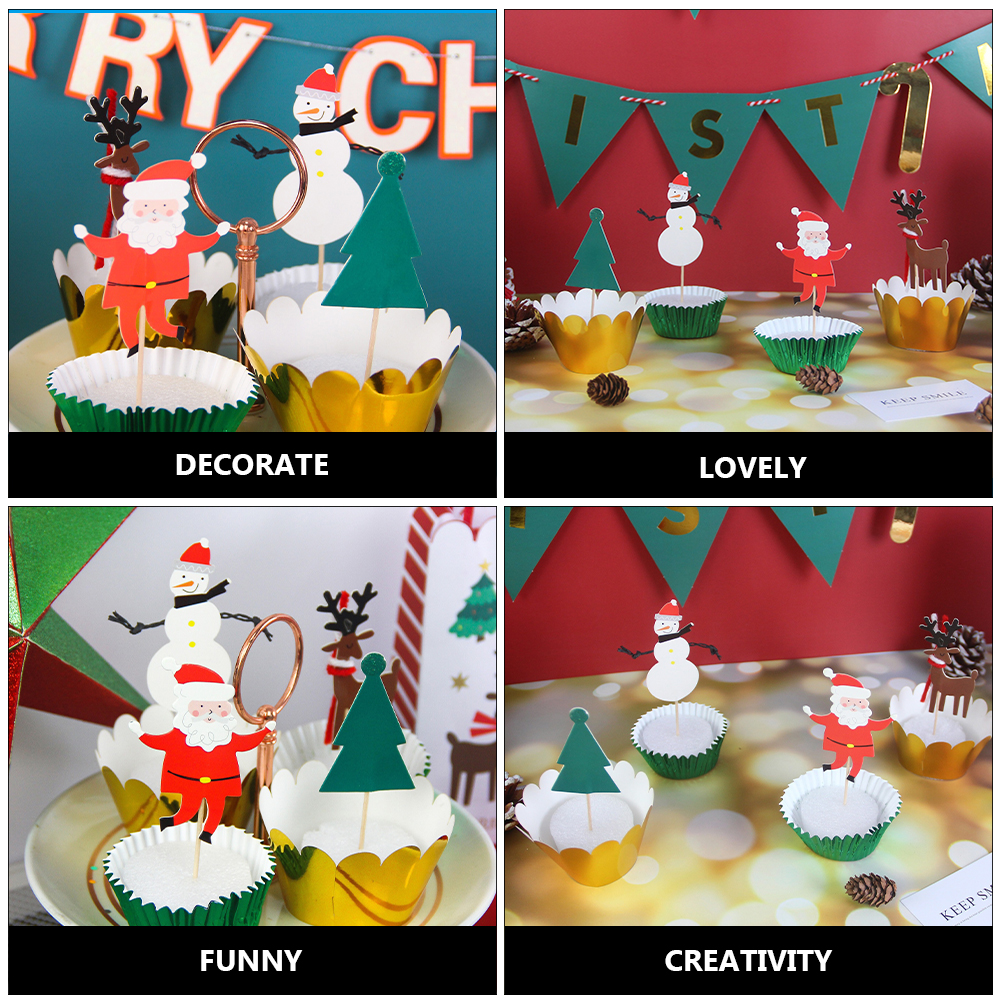 12pcs Merry Christmas Cake Topper Cartoon Santa Claus Elk Snow Man Xmas Tree Paper Cupcake Toppers Cake Decorative Topper Picks