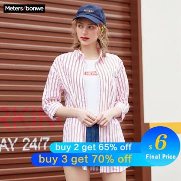 Metersbonwe Women Striped Blouses Fashion Three Quarter Sleeves Long Length Sweet Girls Blouse Shirt Casual Tops