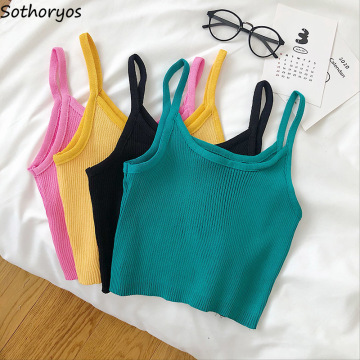 Camisoles Women Tanks Top Summer Sexy Knit Solid Spaghetti Strap Skinny Korean Style All-match Simple Slim Leisure Elegant Chic