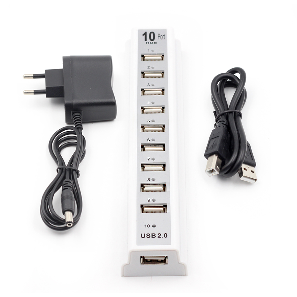 USB Hub 2.0 10 Ports High Speed 480mbps Usb 2.0 Hub Multi Usb Splitters with EU/US Power Adapter for PC Laptop Notebook Computer