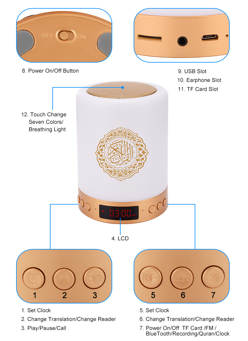 Bluetooth Quran Speaker Touch Led Night Light Lamp Wireless Mp3 Player Quran Radio Digital Muslim Gift Azan Clock