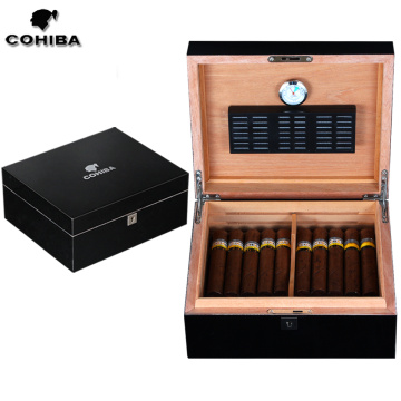 COHIBA Cedar Wood Cigar Box Black Glossy Luxury 30 CT Capacity Home Cigar Humidor Box W/ Hygrometer Humidifier