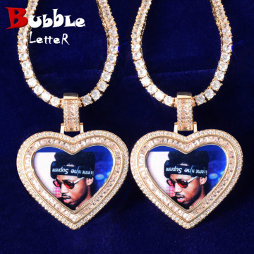 Heart Love Memory Picture Baguette Necklace & Pendant Solid Back Micro Pave Charm Men's Hip Hop Jewelry