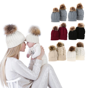 5 Colors Mom And Baby Hat with Pompon Warm Raccoon Fur Bobble Beanie Kids Cotton Knitted Parent-Child Hat Winter Caps Xmas Gift
