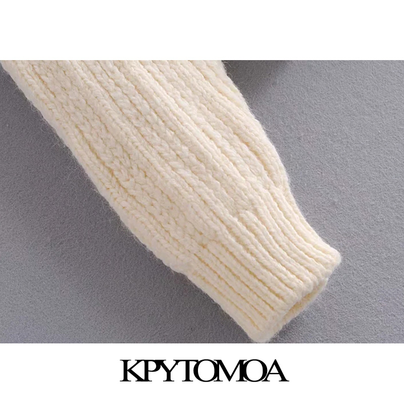 KPYTOMOA Women 2020 Fashion With Ribbed Trims Cable-Knit Sweater Vintage O Neck Long Sleeve Female Pullovers Chic Tops
