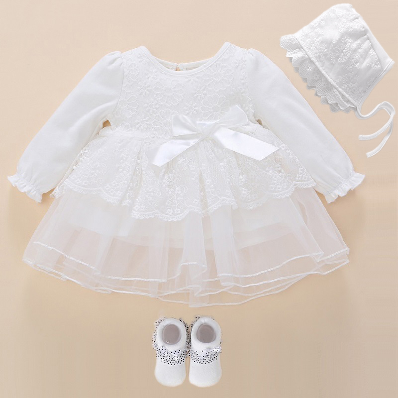 White Christening Dress For Baby Girl Long Sleeve Snow White Baby Dress Baby Baptism Dress Princess White Christening Dresses